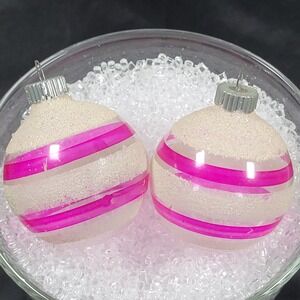 2 Shiny Brite Pink Stripes Mica Unsilvered Glass Christmas‎ Tree Ornaments Vtg